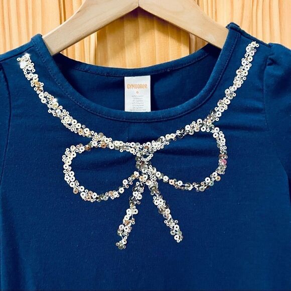 Gymboree navy blue sparkly sequin bow neck detail bubble skirt casual knit dress - Picture 2 of 5